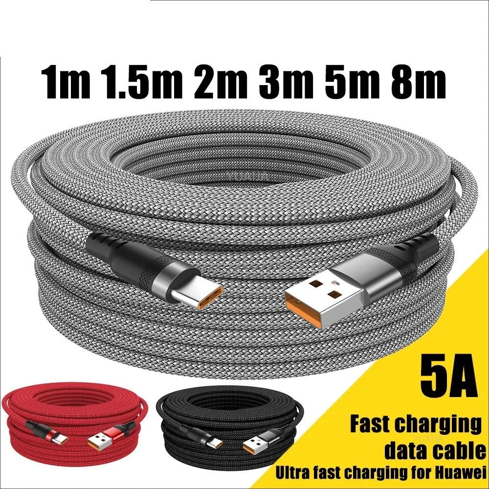 USB Type-C Cable 5A Super Fast Charging Extension 3m/5m/8m for Universal Samsung
