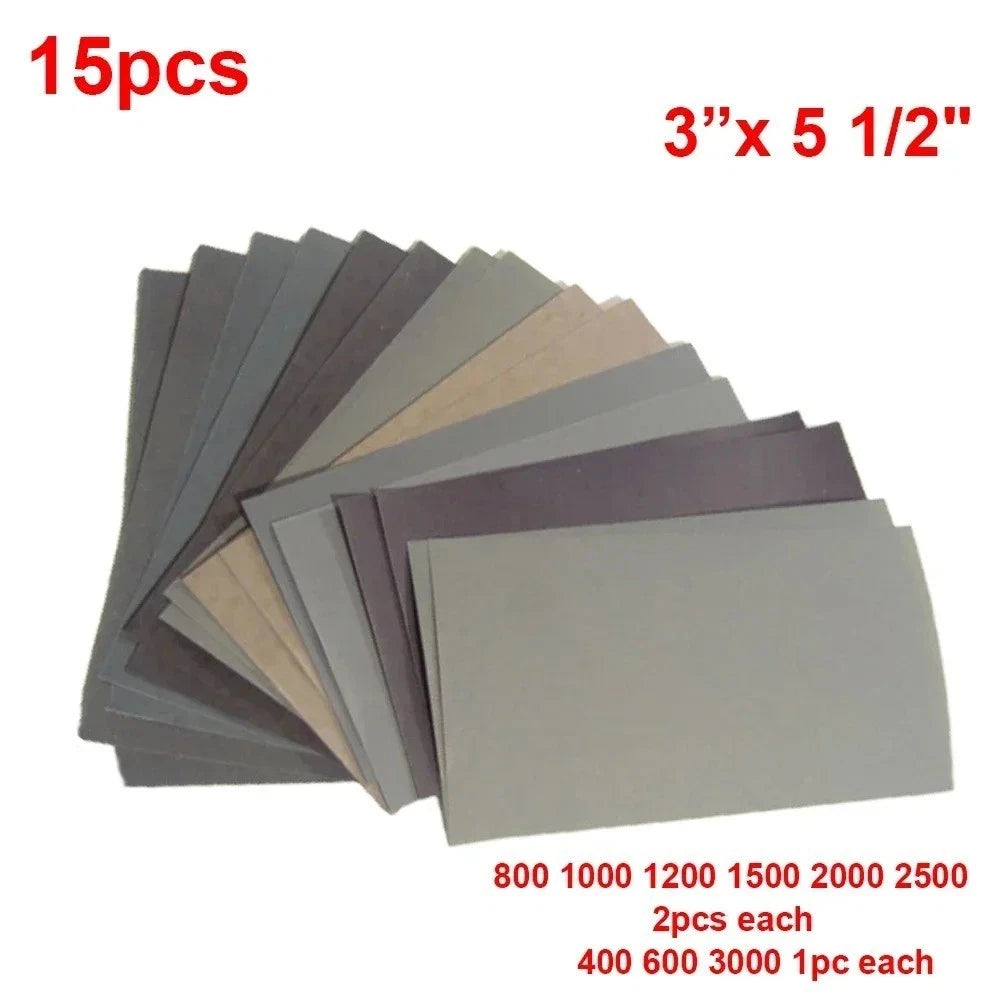 Wet & Dry Sandpaper Assortment Set — 15 Sheets, 9 Grit Sizes (400-2500)
