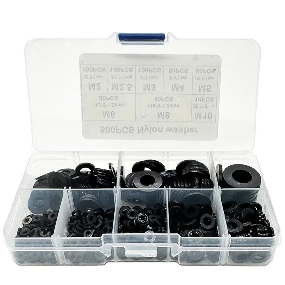 Nylon Washer Assortment Kit — 500 Piece Set, Sizes M2 to M10