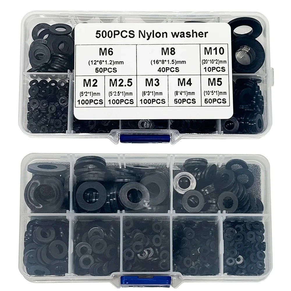 Nylon Washer Assortment Kit — 500 Piece Set, Sizes M2 to M10