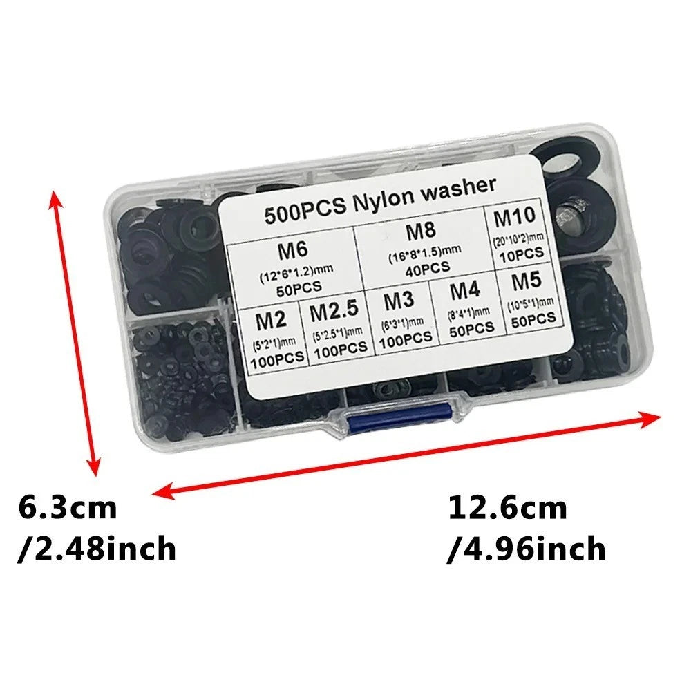 Nylon Washer Assortment Kit — 500 Piece Set, Sizes M2 to M10