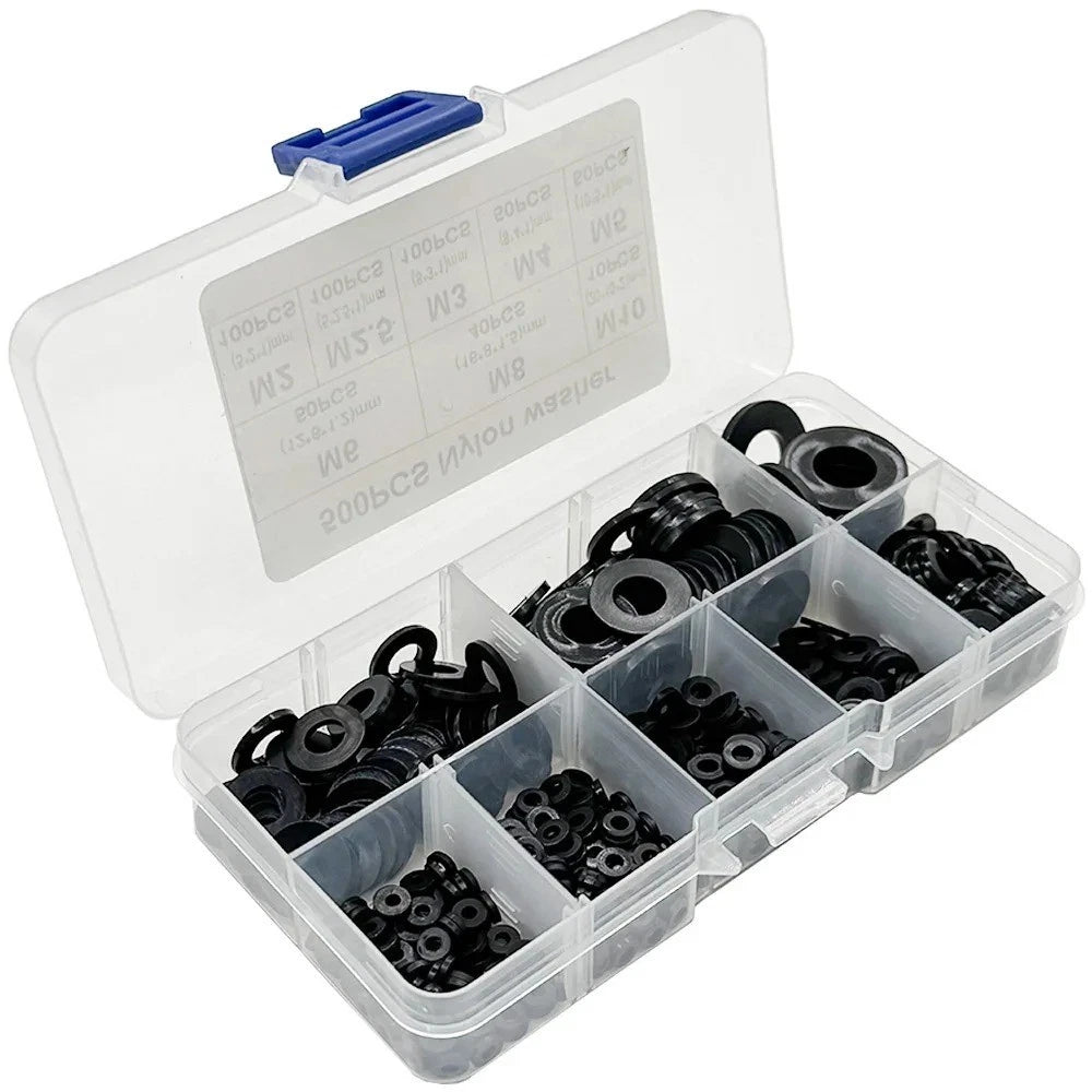 Nylon Washer Assortment Kit — 500 Piece Set, Sizes M2 to M10